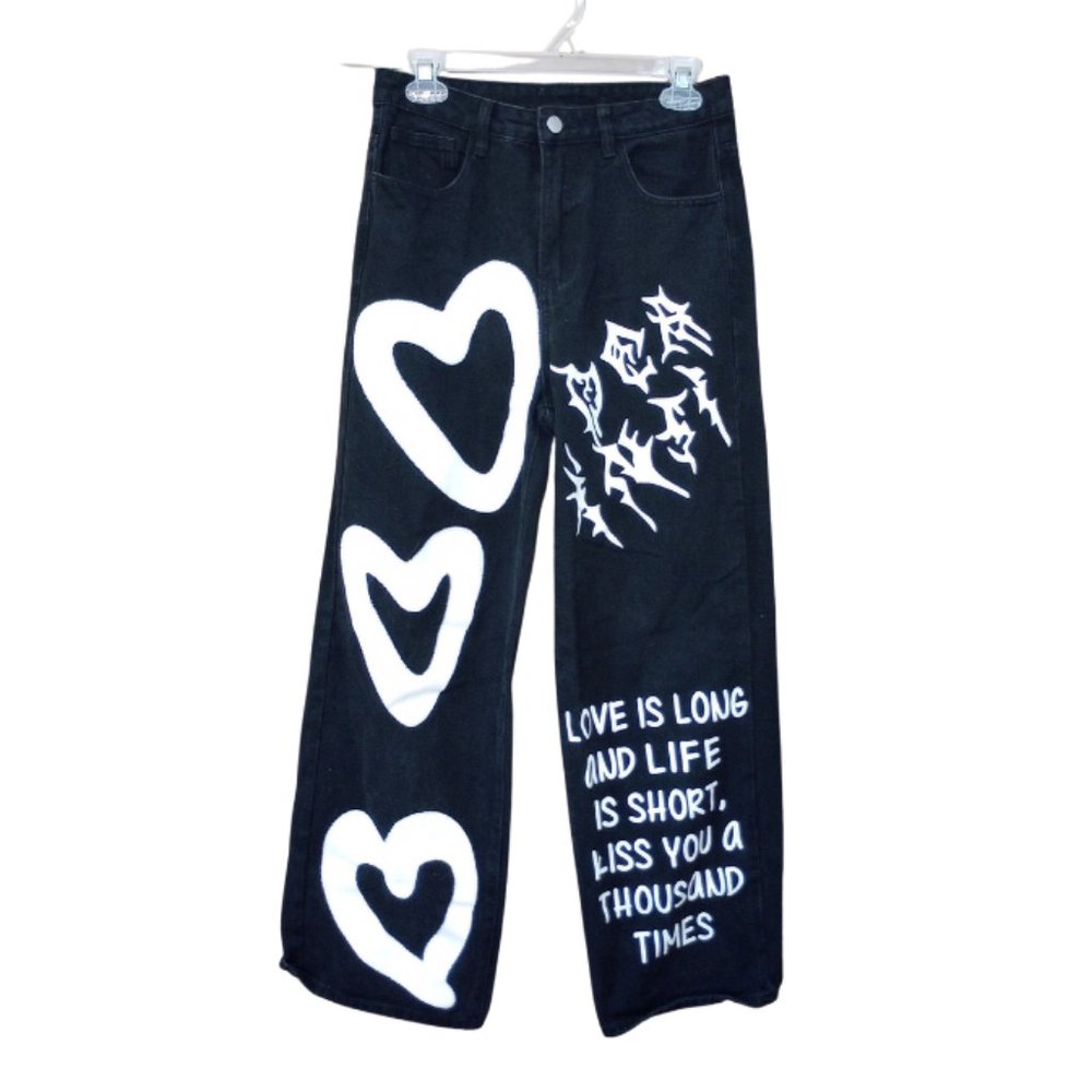 Shein Womans Wide Leg Black Pants Size Medium Love Hearts